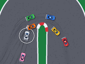 Six cars bunched round a hairpin kerb, the player's white car ringed among them.