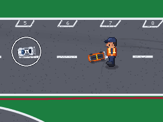 A marshal reaches an orange car on its roof on the start straight, as the player's ringed white car goes by.
