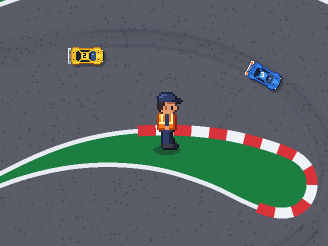 A marshal in an orange vest at a red and white kerb, as a yellow and a blue car go by.