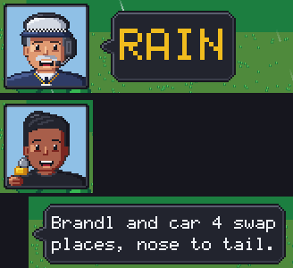 The official's window calling RAIN, and under it the commentator: Brandl and car 4 swap places, nose to tail.