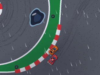 Heavy rain on a bend: a puddle on the asphalt, streaks of rain, an orange and a red car on the kerb.